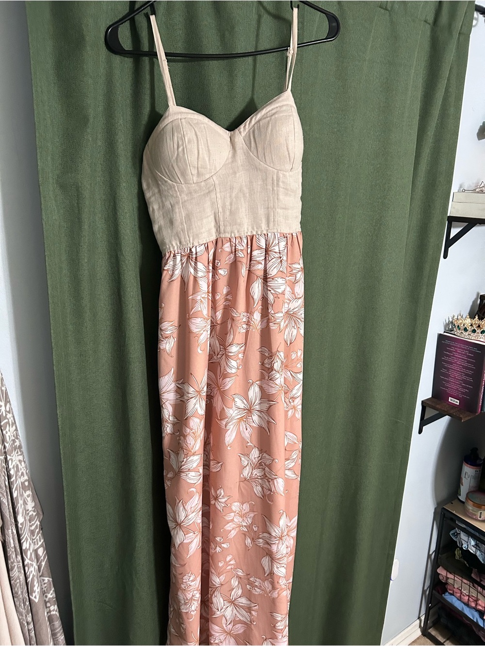Peach Floral Maxi Sundress with Cream Bustier Top